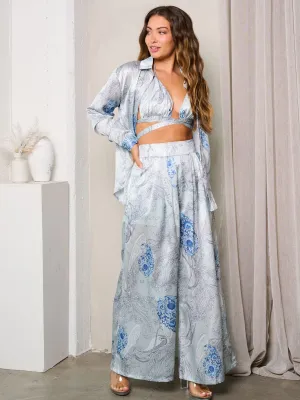 WOMEN'S LONG SLEEVE W/BRA & WIDE LEG PANTS PRINTED 3PC. SET