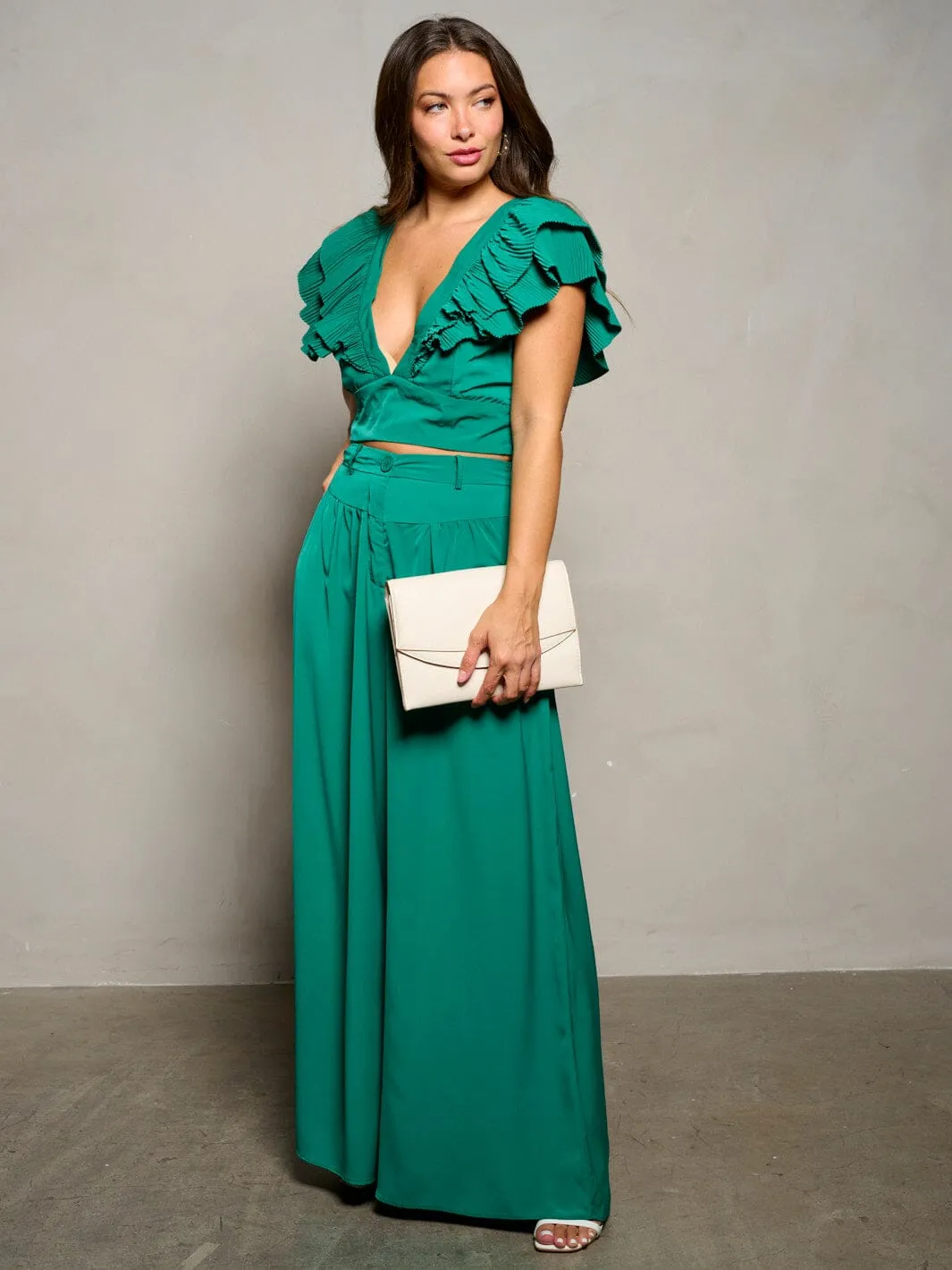 WOMEN'S RUFFLE SLEEVE CROP TOP & WIDE LEG PANTS 2PC. SET