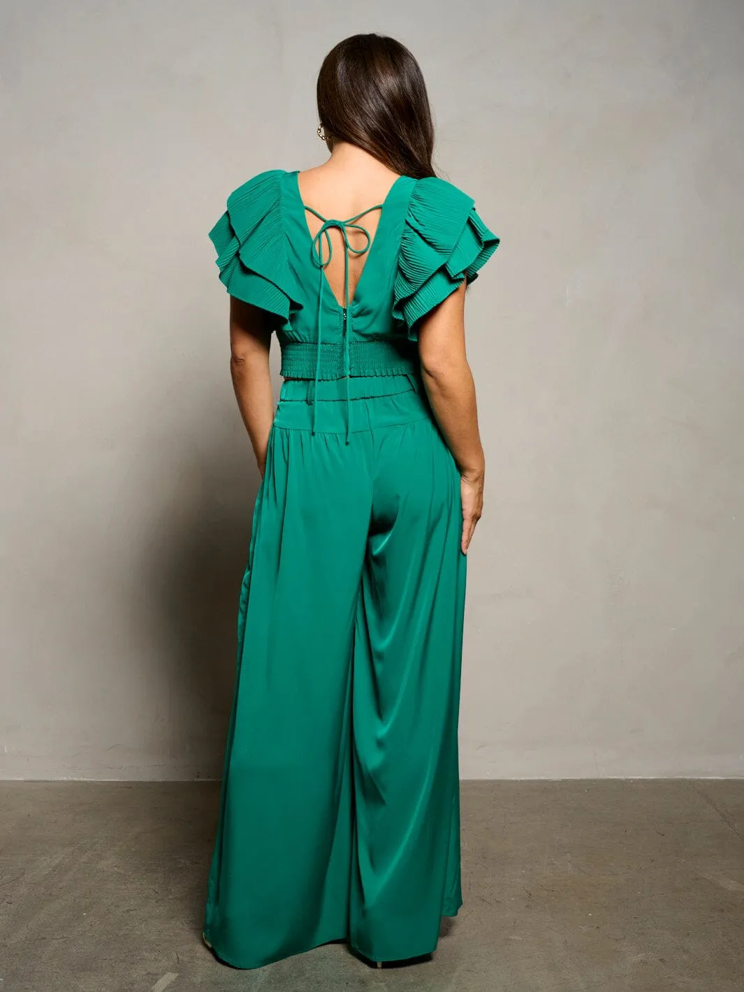 WOMEN'S RUFFLE SLEEVE CROP TOP & WIDE LEG PANTS 2PC. SET