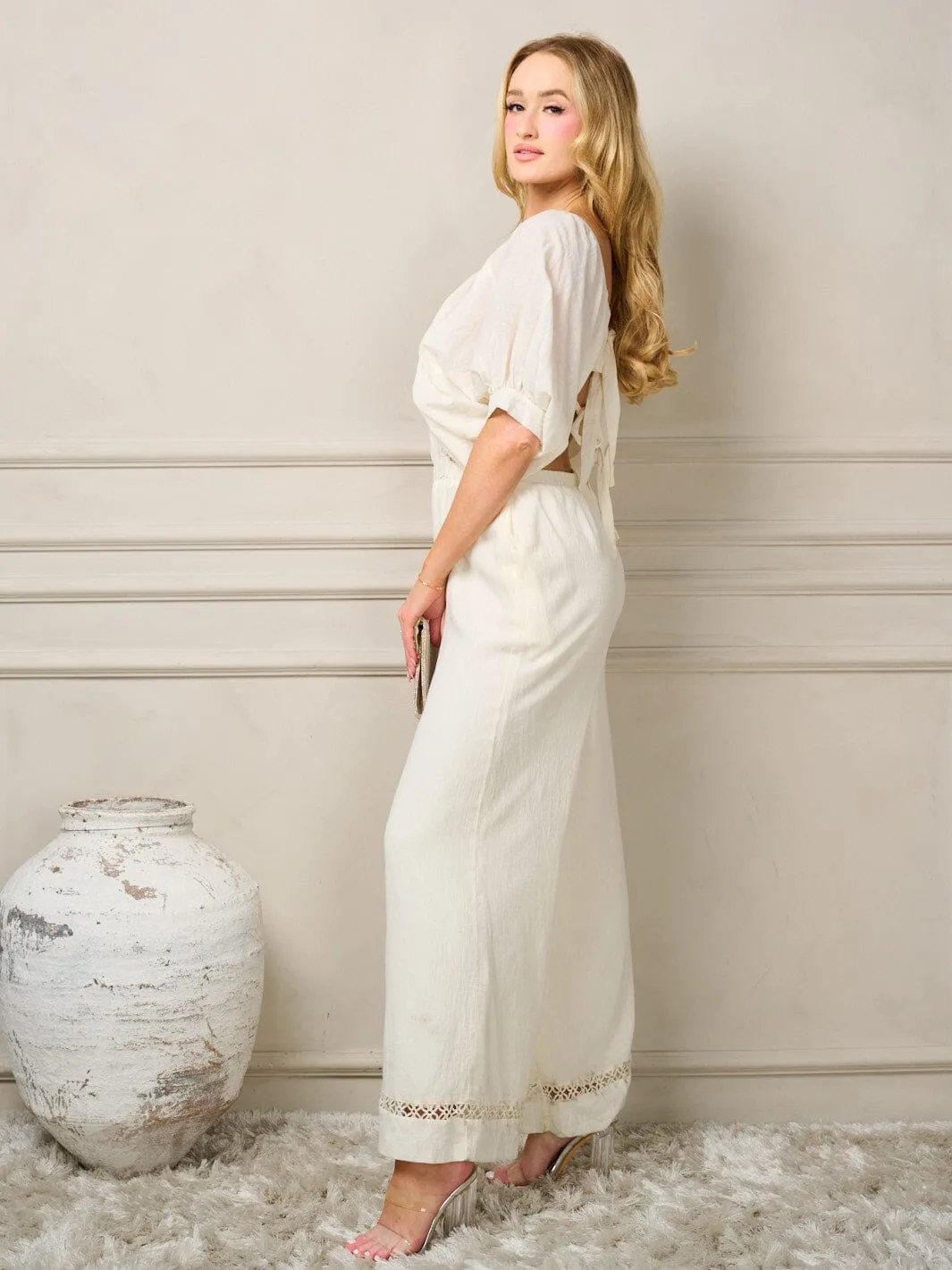 WOMEN'S SHORT PUFF SLEEVE CUT OUT OPEN BACK WIDE LEG JUMPSUIT
