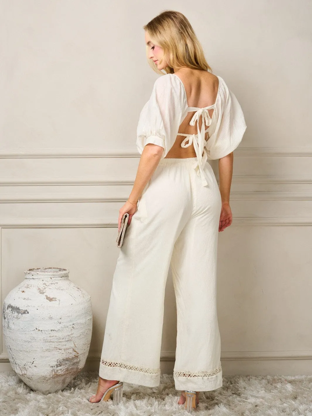 WOMEN'S SHORT PUFF SLEEVE CUT OUT OPEN BACK WIDE LEG JUMPSUIT