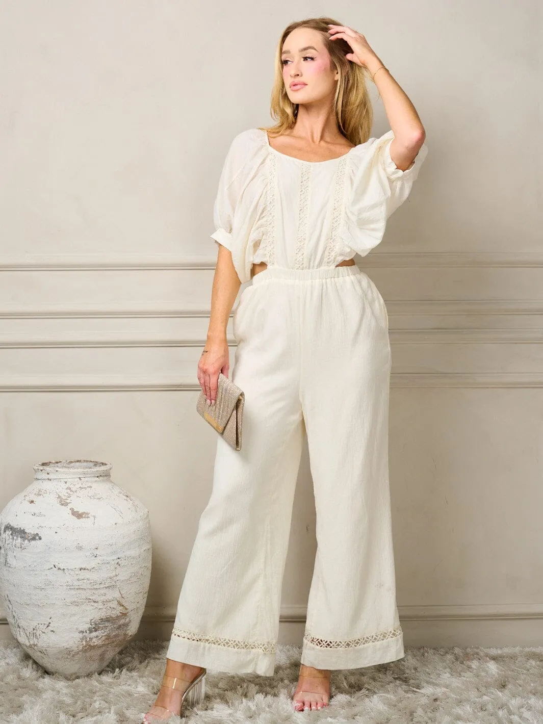 WOMEN'S SHORT PUFF SLEEVE CUT OUT OPEN BACK WIDE LEG JUMPSUIT