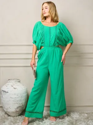 WOMEN'S SHORT PUFF SLEEVE CUT OUT OPEN BACK WIDE LEG JUMPSUIT
