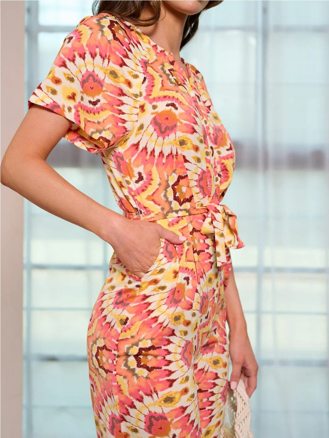 WOMEN'S SHORT SLEEVE BUTTON UP POCKETS MULTI PRINT JUMPSUIT