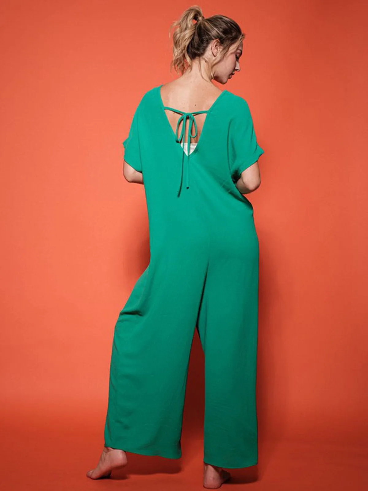WOMEN'S SHORT SLEEVE V-NECK WIDE LEG JUMPSUIT