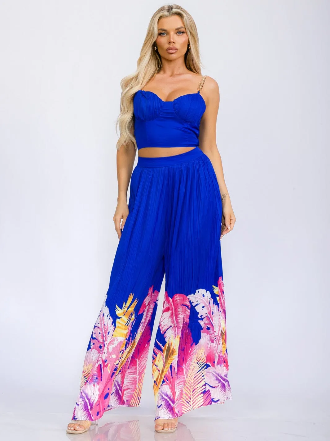 WOMEN'S SLEEVELESS CROP TOP & ELASIC WAIST WIDE LEG PANTS FLORAL 2PC. SET
