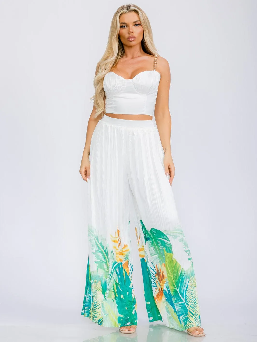 WOMEN'S SLEEVELESS CROP TOP & ELASIC WAIST WIDE LEG PANTS FLORAL 2PC. SET