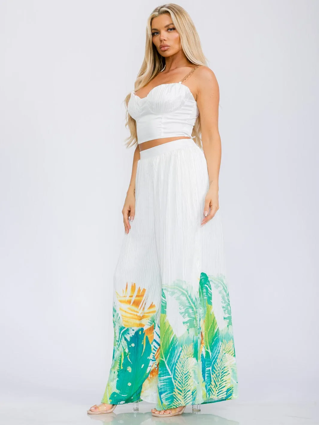 WOMEN'S SLEEVELESS CROP TOP & ELASIC WAIST WIDE LEG PANTS FLORAL 2PC. SET
