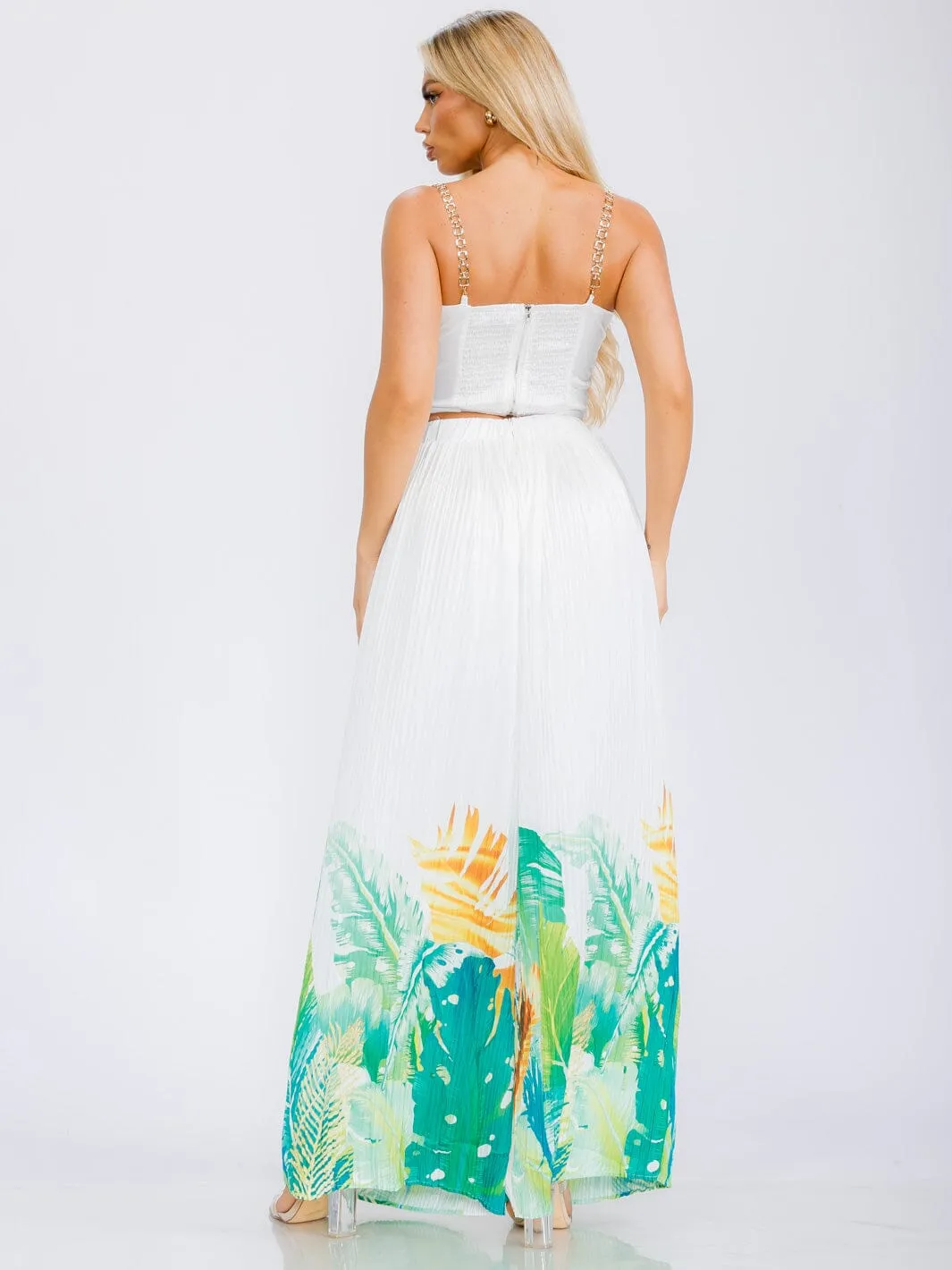 WOMEN'S SLEEVELESS CROP TOP & ELASIC WAIST WIDE LEG PANTS FLORAL 2PC. SET