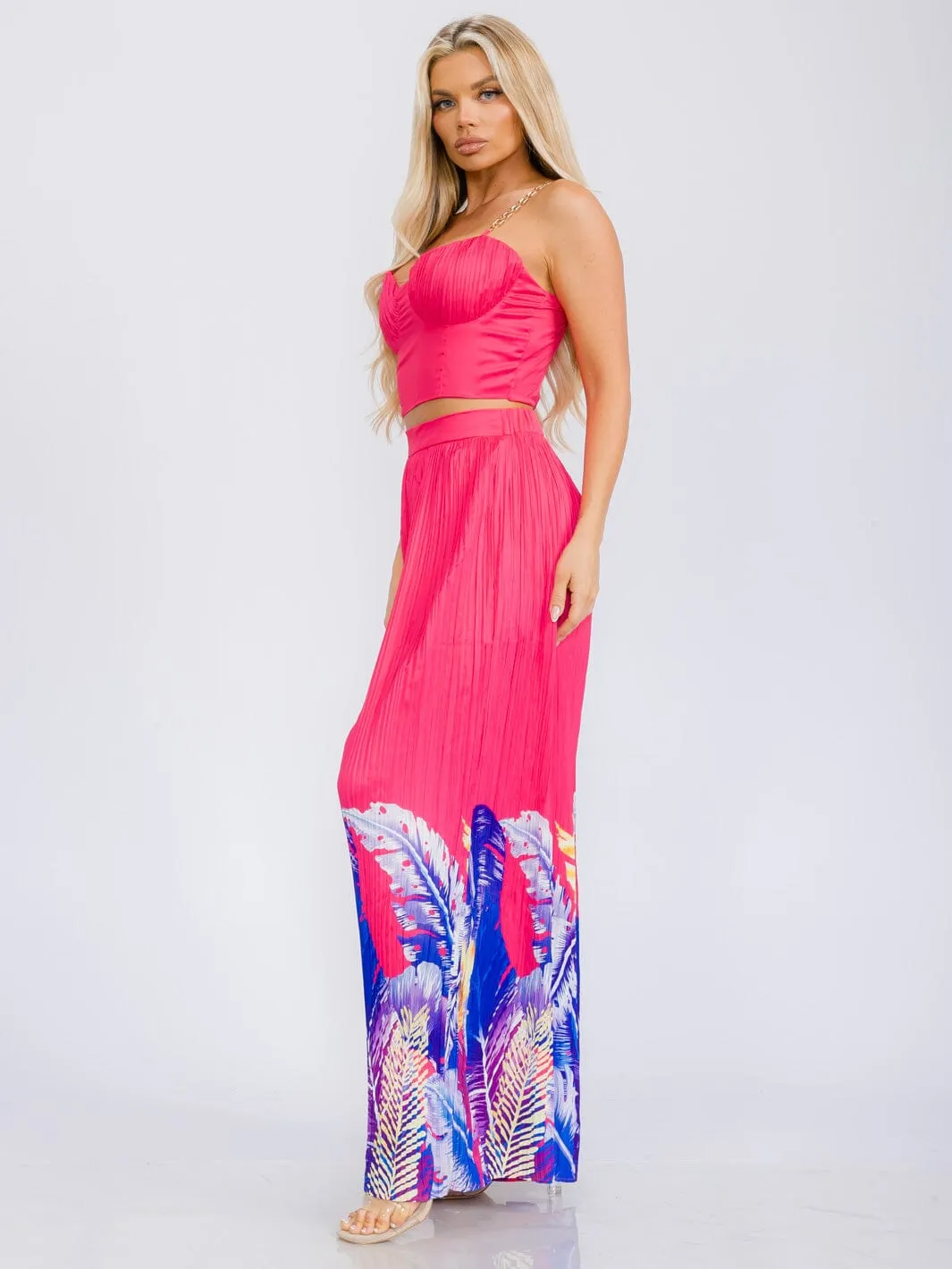 WOMEN'S SLEEVELESS CROP TOP & ELASIC WAIST WIDE LEG PANTS FLORAL 2PC. SET