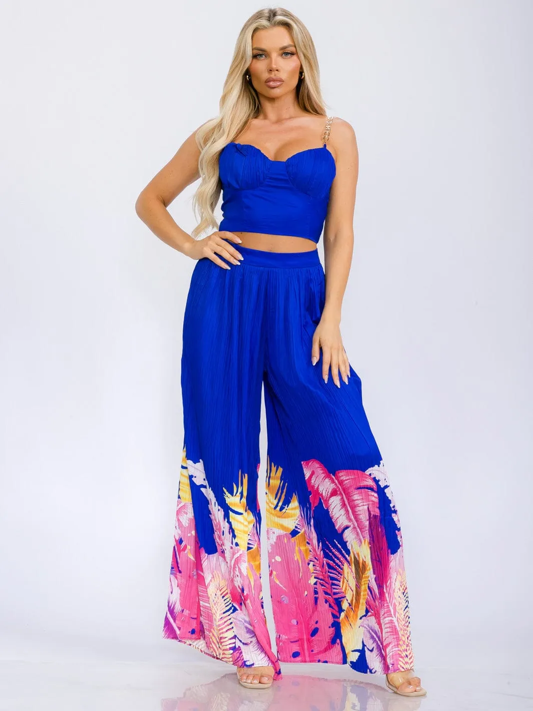 WOMEN'S SLEEVELESS CROP TOP & ELASIC WAIST WIDE LEG PANTS FLORAL 2PC. SET