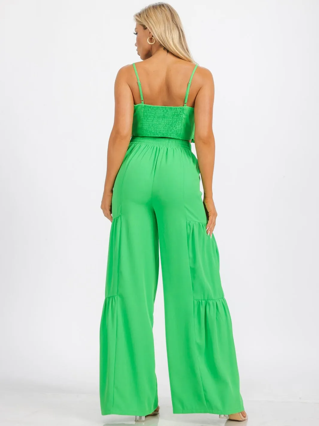 WOMEN'S SLEEVELESS CROP TOP & ELASTIC WAIST BELL LEG RUFFLE PANTS 2PC. SET