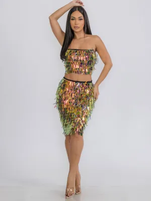 WOMEN'S SLEEVELESS CROP TOP & MIDI SKIRT FRINGE MULTI 2PC. SET