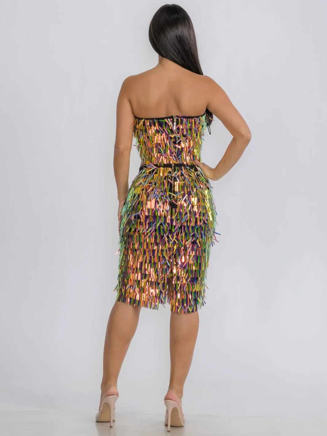 WOMEN'S SLEEVELESS CROP TOP & MIDI SKIRT FRINGE MULTI 2PC. SET