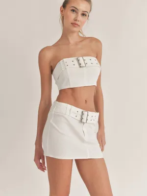 WOMEN'S SLEEVELESS CROP TOP & MINI SKIRT BELT DESIGN 2PC. SET
