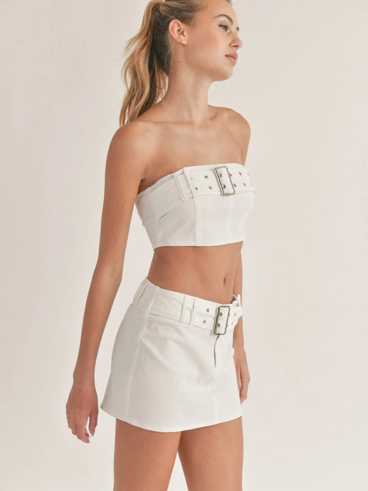 WOMEN'S SLEEVELESS CROP TOP & MINI SKIRT BELT DESIGN 2PC. SET