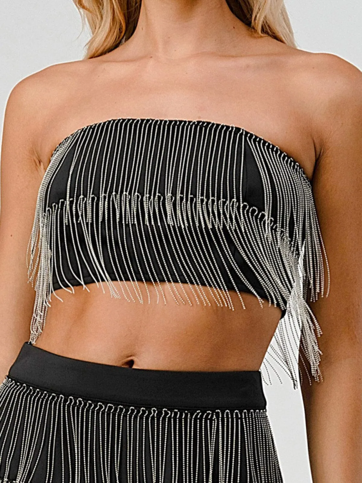 WOMEN'S SLEEVELESS CROP TOP & MINI SKIRT STUD FRINGE DETAILED 2PC. SET