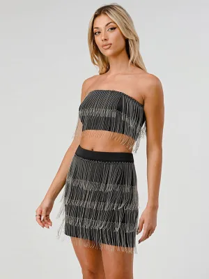 WOMEN'S SLEEVELESS CROP TOP & MINI SKIRT STUD FRINGE DETAILED 2PC. SET