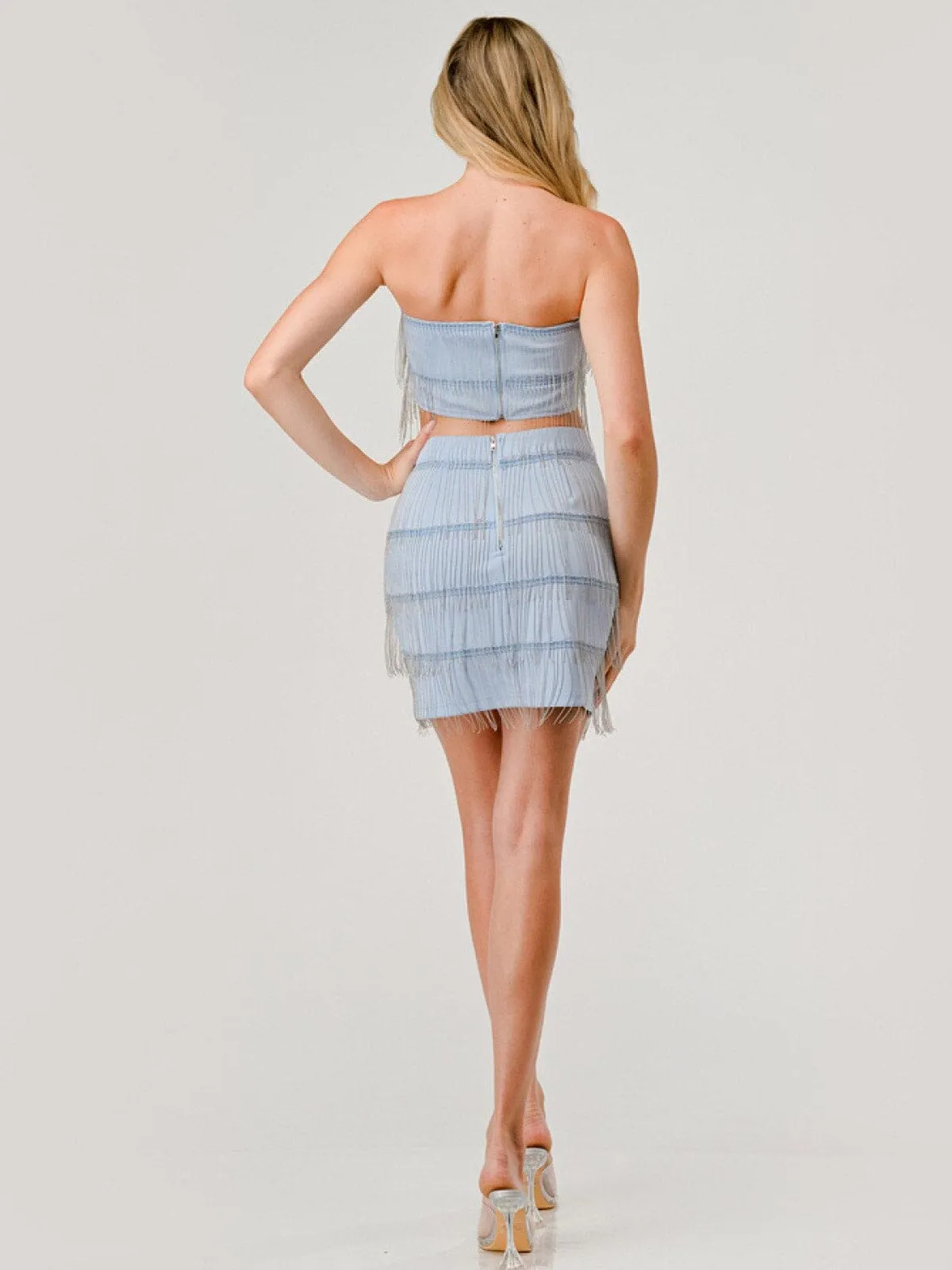WOMEN'S SLEEVELESS CROP TOP & MINI SKIRT STUD FRINGE DETAILED 2PC. SET