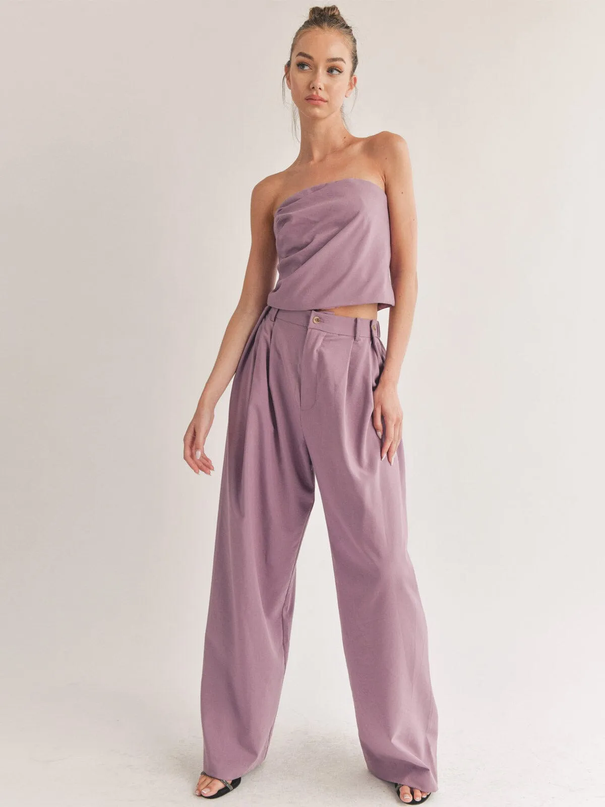 WOMEN'S SLEEVELESS CROP TOP & WIDE LEG PANTS SOLID 2PC. SET