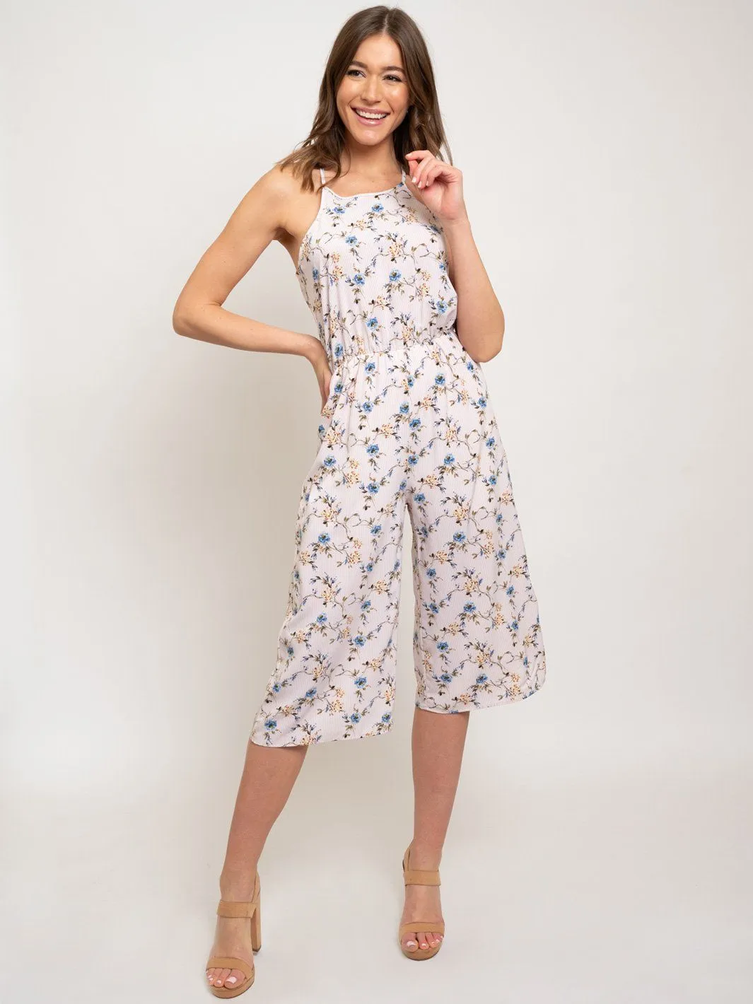 WOMEN'S SLEEVELESS ELASTIC WAIST FLORAL JUMPSUIT
