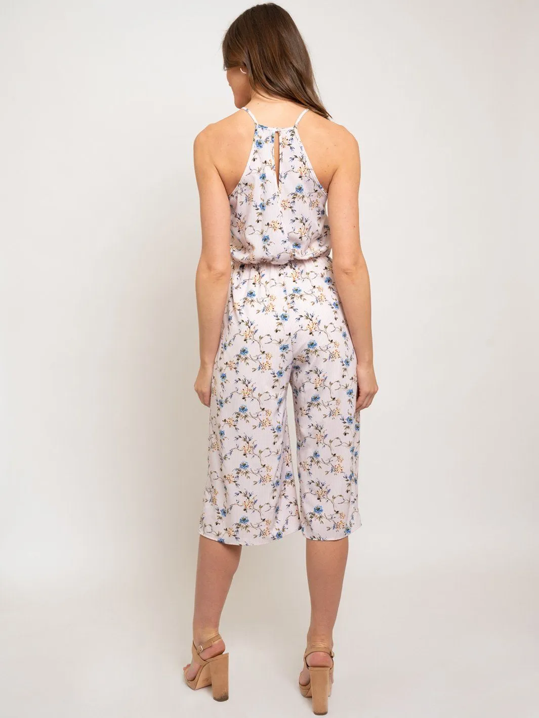 WOMEN'S SLEEVELESS ELASTIC WAIST FLORAL JUMPSUIT