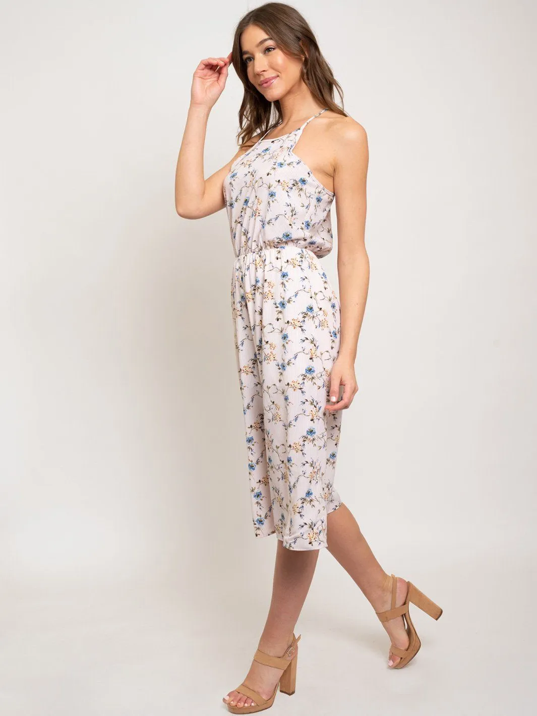 WOMEN'S SLEEVELESS ELASTIC WAIST FLORAL JUMPSUIT