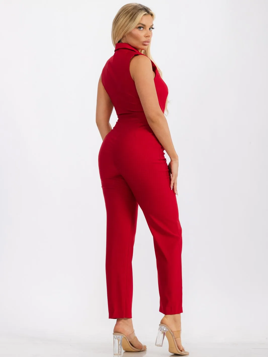 WOMENS' SLEEVELESS FRONT POCKETS SURPLICE JUMPSUIT