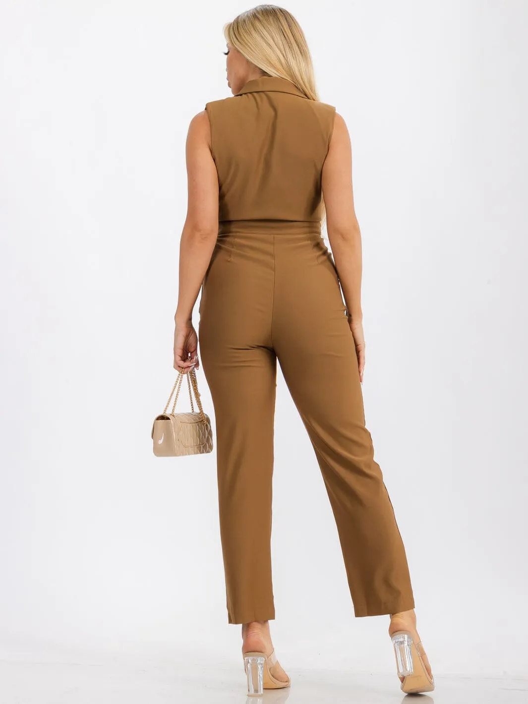 WOMENS' SLEEVELESS FRONT POCKETS SURPLICE JUMPSUIT