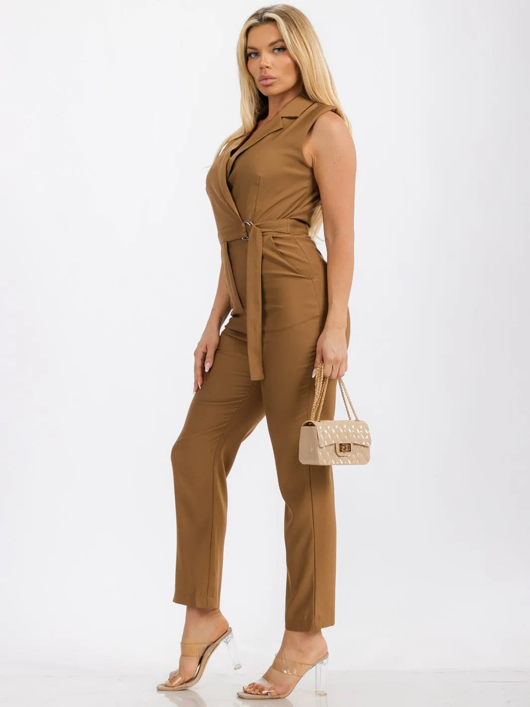 WOMENS' SLEEVELESS FRONT POCKETS SURPLICE JUMPSUIT