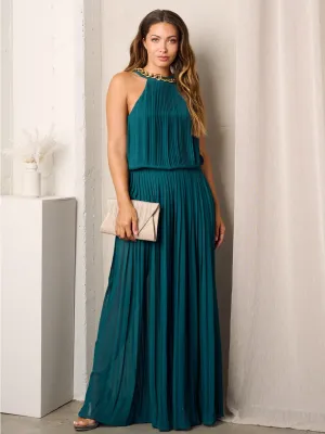 WOMEN'S SLEEVELESS HALTER NECK CHAIN DETAILED PLEATED JUMPSUIT