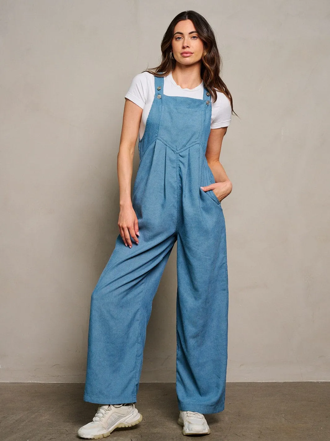 WOMEN'S SLEEVELESS POCKETS CORDUROY WIDE LEG OVERALL