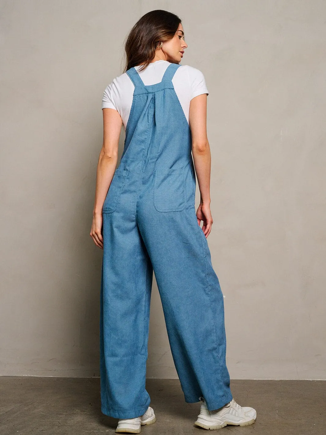 WOMEN'S SLEEVELESS POCKETS CORDUROY WIDE LEG OVERALL