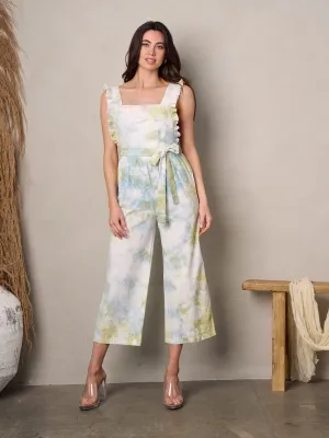 WOMEN'S SLEEVELESS SELF TIE RUFFLE TIE DYE CROP JUMPSUIT