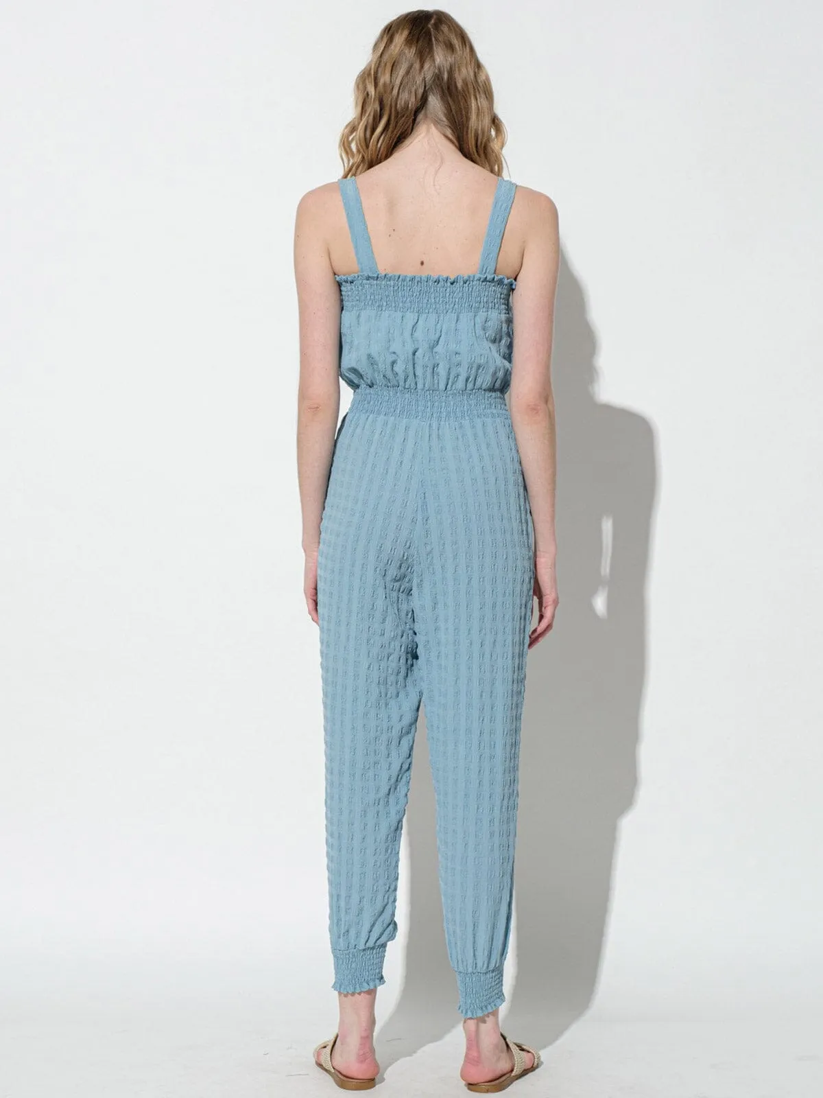 WOMEN'S SLEEVELESS SMOCK WAIST POCKETS JUMPSUIT