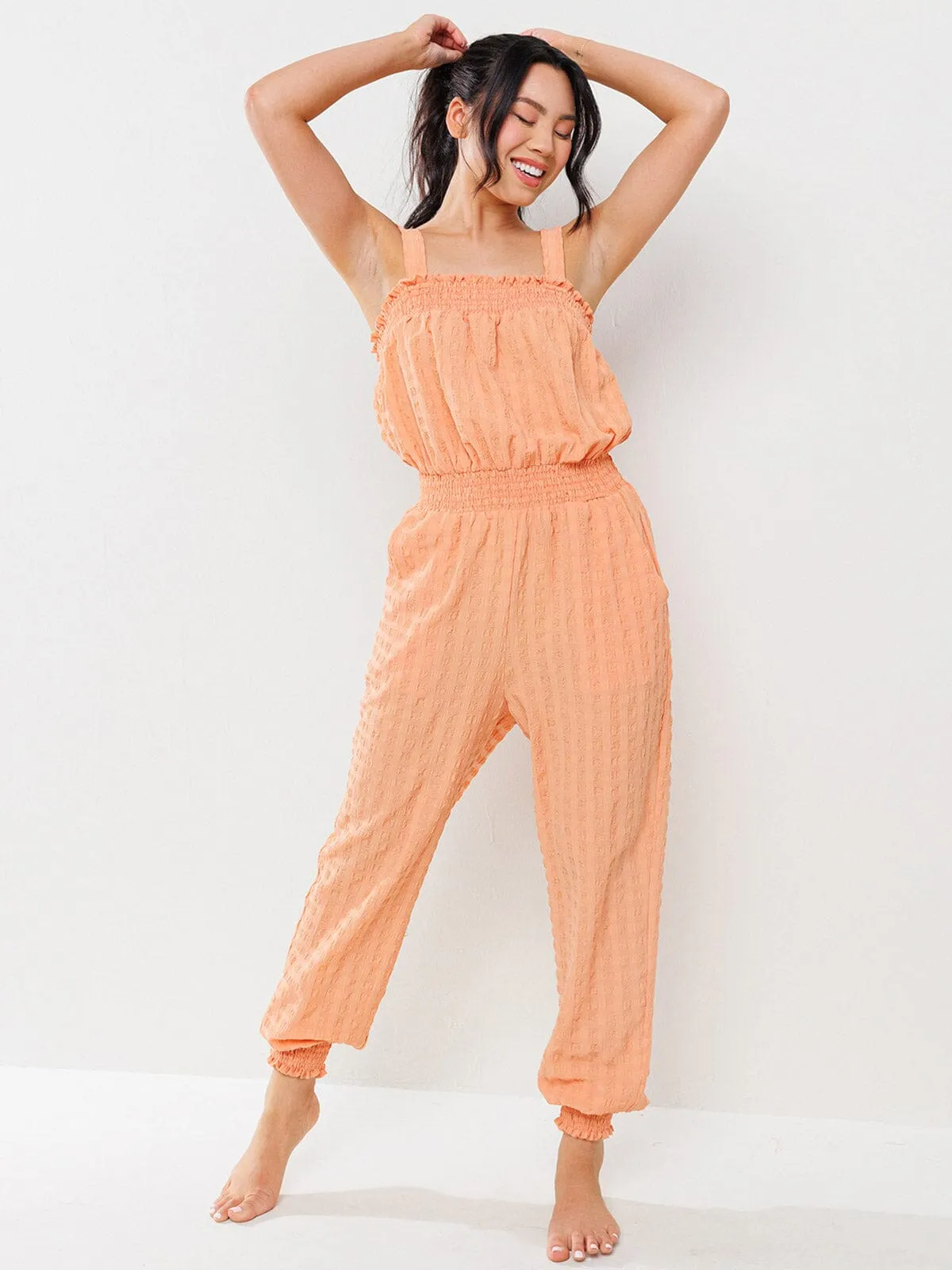 WOMEN'S SLEEVELESS SMOCK WAIST POCKETS JUMPSUIT