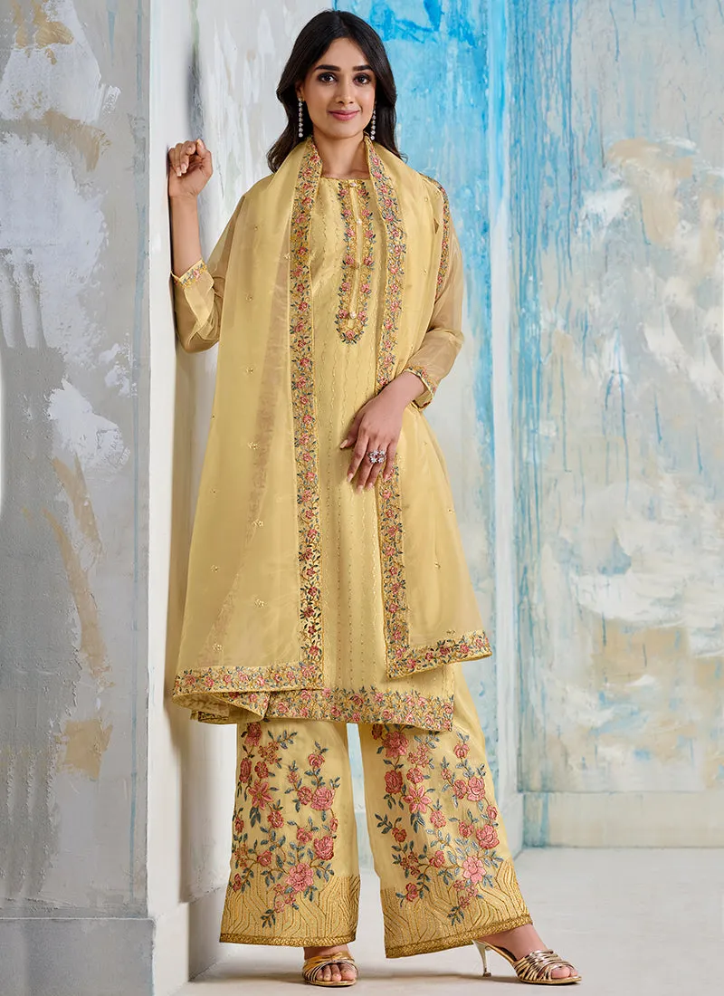 Yellow Multi Embroidered Wedding Palazzo Suit